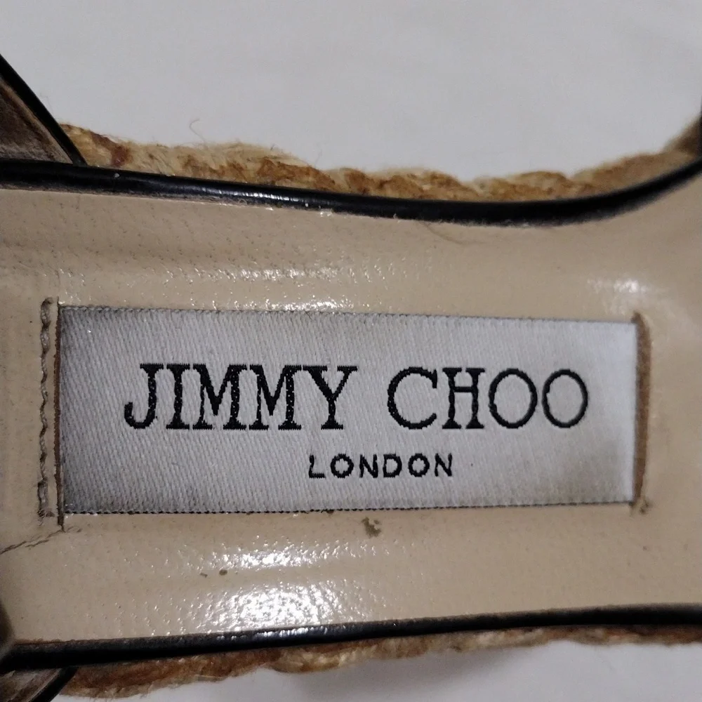 Jimmy Choo Designer Paisley Patent Leather Wedge Sandals Ankle Strap US 6 Chic
